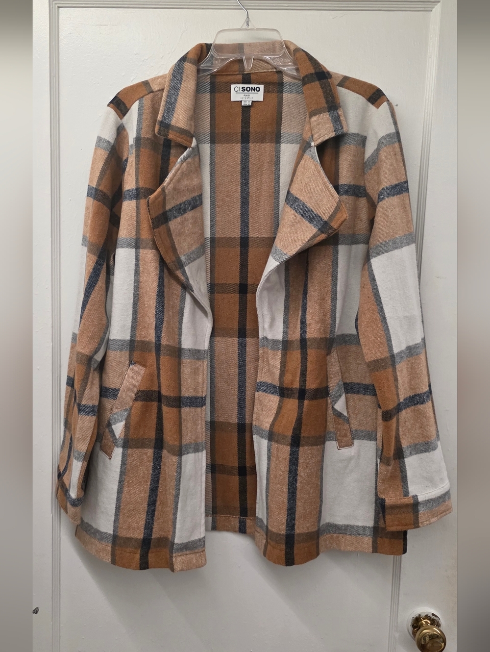 Ci Sono Plaid Shacket Jacket 1X Camel Cream Open Front Lightweight Layer